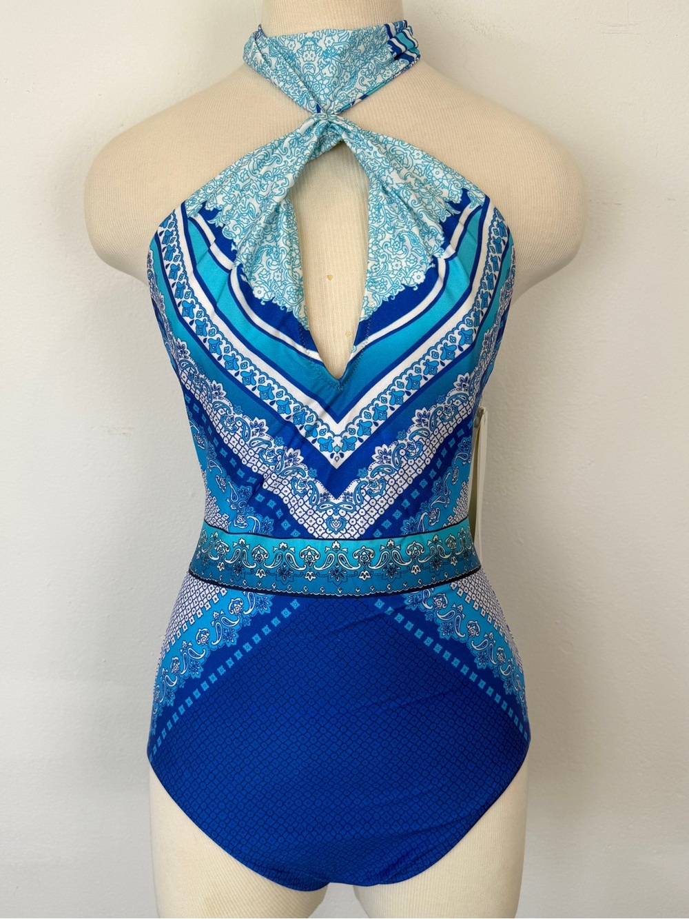 Gottex Size 12 Halter Blue Paisley One Piece Swimsuit NWT